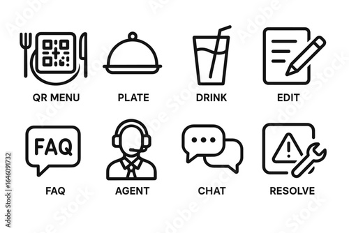 Qr menu icons including plate, drink, edit, faq, agent, chat, and resolve