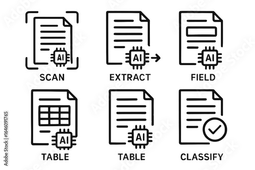 Ai document processing: scan, extract, field, table, classify icons