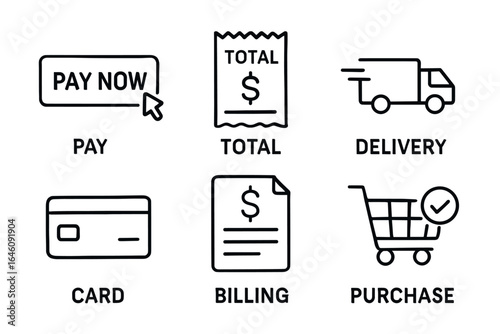 E-commerce icon set: pay now button, total receipt, delivery truck, card, billing, purchase cart