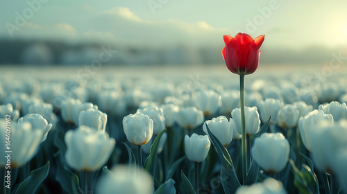 A single red tulip in a field of white tulips