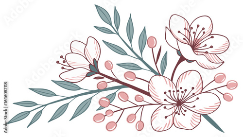 delicate cherry blossom flowers with teal green branches in watercolor botanical style illustration design and isolated on white background. 