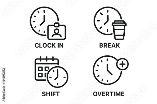 Clock in, break, shift, and overtime icons: time management symbols