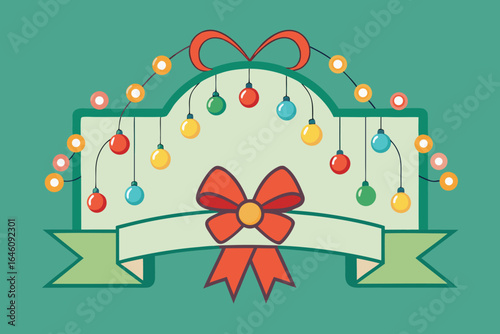 Festive holiday decoration featuring christmas baubles and decorative ribbon on a teal green background