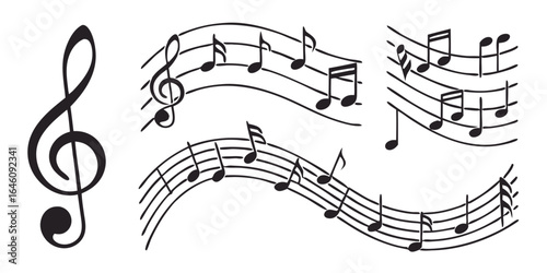 a black treble clef and musical notes on wavy staff lines illustration design and isolated on white background.