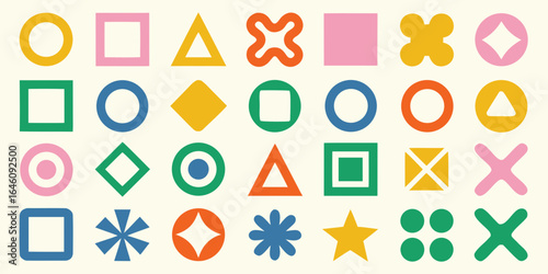 Abstract geometric shapes in vibrant colors on a cream background