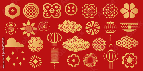 Golden chinese new year decorative elements on red background