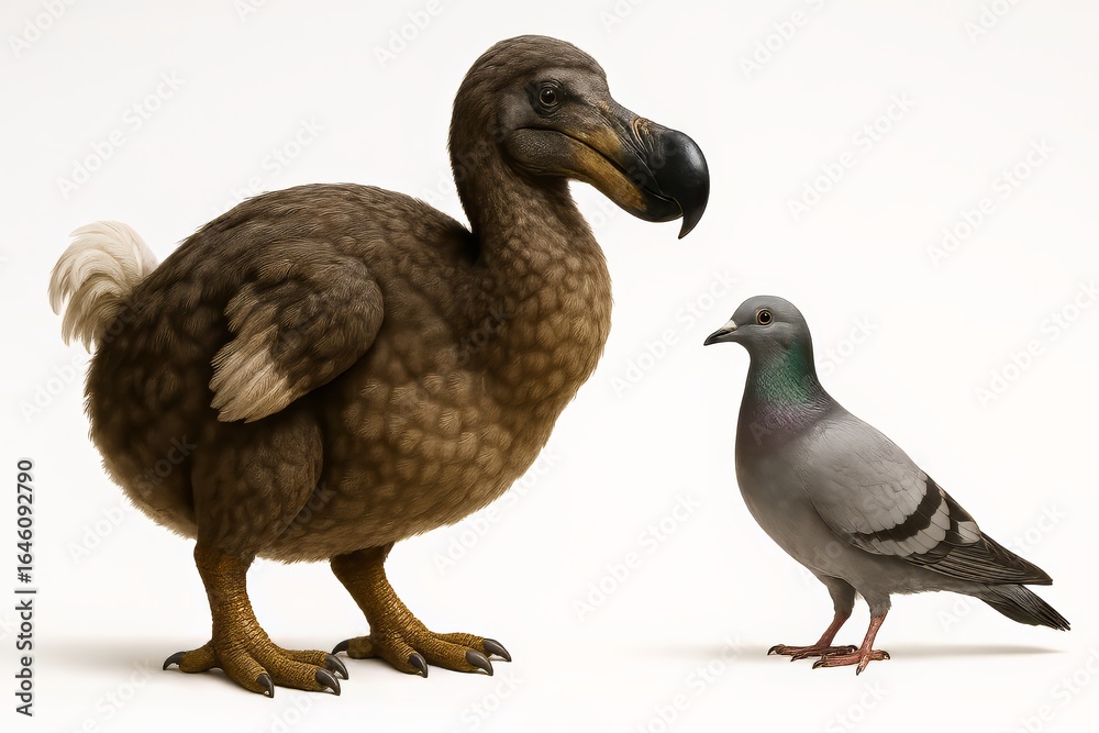 Prehistoric Extinct Species Reconstruction Dodo and pigeon side by side on white background – perfect for extinction and evolution comparison visuals, children history and animals book Prehistoric Extinct Species Reconstruction Dodo and pigeon side by side on white background – perfect for extinction and evolution comparison visuals, children history and animals book