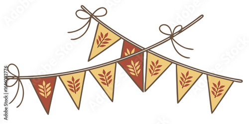 two intersecting strings of triangular bunting flags with alternating reddish-brown and beige leaf designs isolated on white background.
