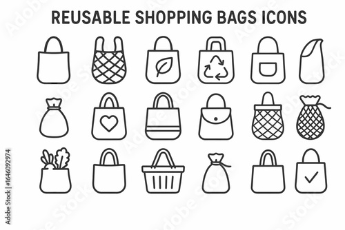 Reusable shopping bag icons: eco-friendly outlined designs