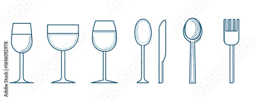 Elegant Dining Essentials Line Art Illustration of Wine Glasses Spoons Knife and Fork on White Background Perfect for Restaurant or Catering Website Design and Culinary Art
