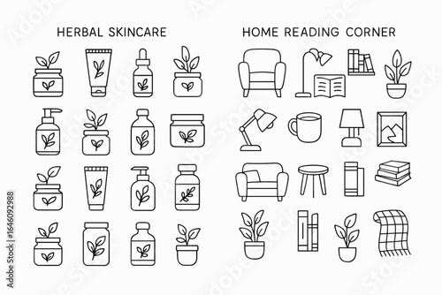Herbal skincare and cozy home reading corner icons collection