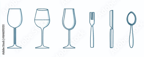 Elegant dining setup featuring wine glasses a fork knife and spoon arranged neatly on a white background for restaurant or culinary themes showcasing minimalist design and upscale dining experiences