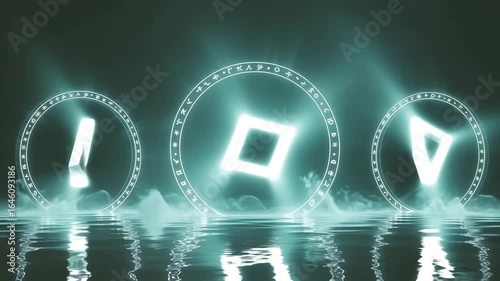 VFX effects of three different portals asynchronously vertically rotating 360 degrees around their axis, which are reflected in moving water ripples and from which moving light rays emanate.