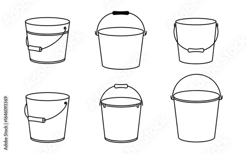 Vector art of diverse bucket designs isolated on white background, showcasing various shapes and handle styles for different uses, including cleaning, gardening, and construction