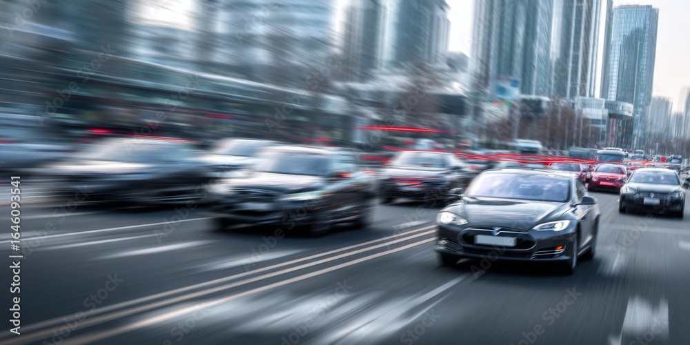 Fast-Moving Urban Traffic Scene with Cars Blurring Past in a Modern City Setting, Showcasing Dynamic Motion and Energy in a Metropolitan Environment Fast-Moving Urban Traffic Scene with Cars Blurring Past in a Modern City Setting, Showcasing Dynamic Motion and Energy in a Metropolitan Environment