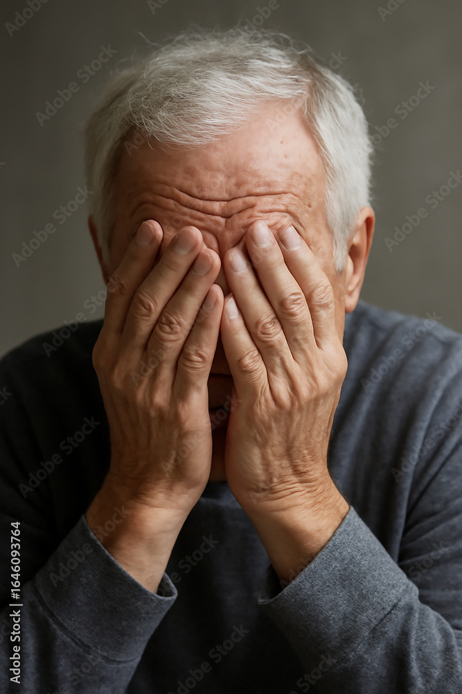 Uomo anziano con capelli bianchi che si copre il viso con le mani. Uomo anziano con capelli bianchi che si copre il viso con le mani.