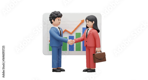Two 3d cartoon style business people making a handshake in front of a 3D chart.plain white background