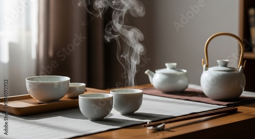 Wallpaper Mural Sunlight Illuminates Steaming Cups in a Serene Tea Ceremony Still Life Torontodigital.ca