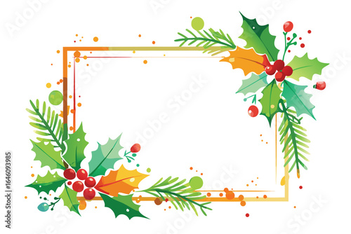 Festive watercolor frame with holly and berries in christmas colors for seasonal greetings and designs