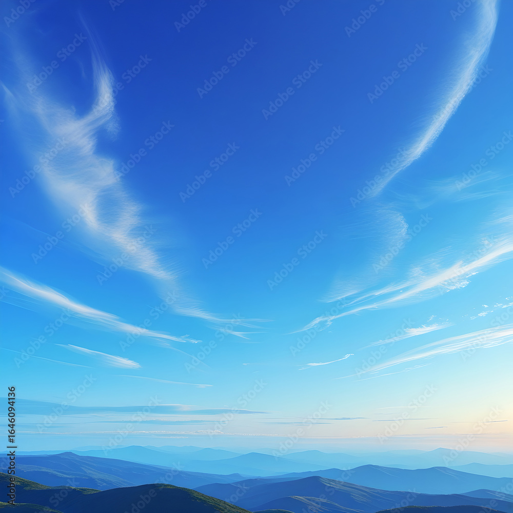 Naklejka premium Fluffy white clouds drift across a beautiful blue sky over mountains on a clear summer day