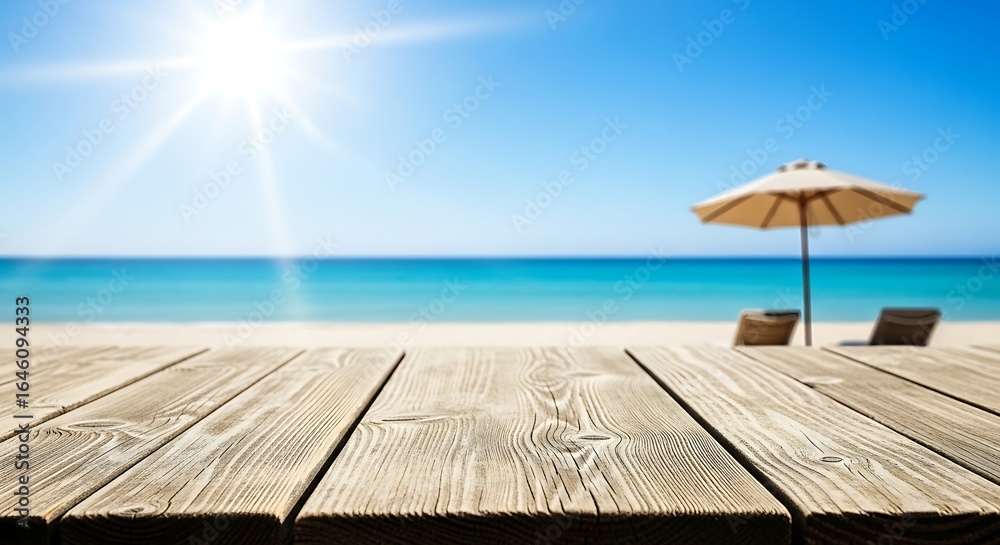 Fototapeta premium Wooden table top with blurred beach and sun background for product display in summer vacation