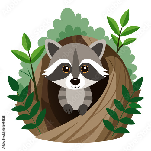 Adorable Cartoon Raccoon in Tree Hollow, Nature Illustration, Childrens Book, Friendly, Playful Mood