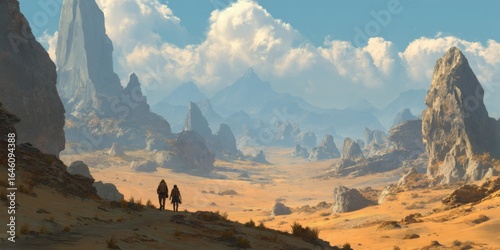 Wallpaper Mural Dramatic Landscape with Rocky Formations and Two Hikers Exploring Vast Desert against a Beautiful Sky with Clouds and Mountains in Distance Torontodigital.ca