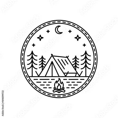 Camping scene with tent campfire moon and stars in circle night