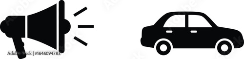 Car announcement icon, megaphone and automobile symbol, vehicle promotion concept, automotive marketing, black silhouette isolated on white background