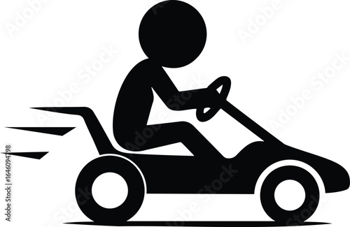 Stickman driving go kart racing vehicle in motion with speed lines, motorsport competition, and fast driving silhouette icon