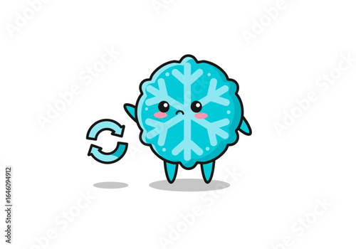 Cute snowflake character with a recycle symbol representing renewal and sustainability in the winter.