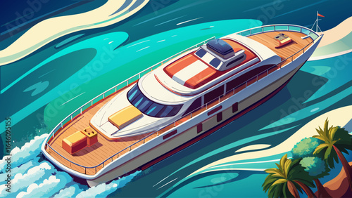 From above, the aerial view captures the motorboat’s elegance, a masterpiece of luxury boat yachting, sailing effortlessly, embodying freedom, sophistication, and the pure joy of a yacht boat tour.