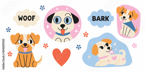 Cute cartoon puppies saying woof and bark with hearts and stars
