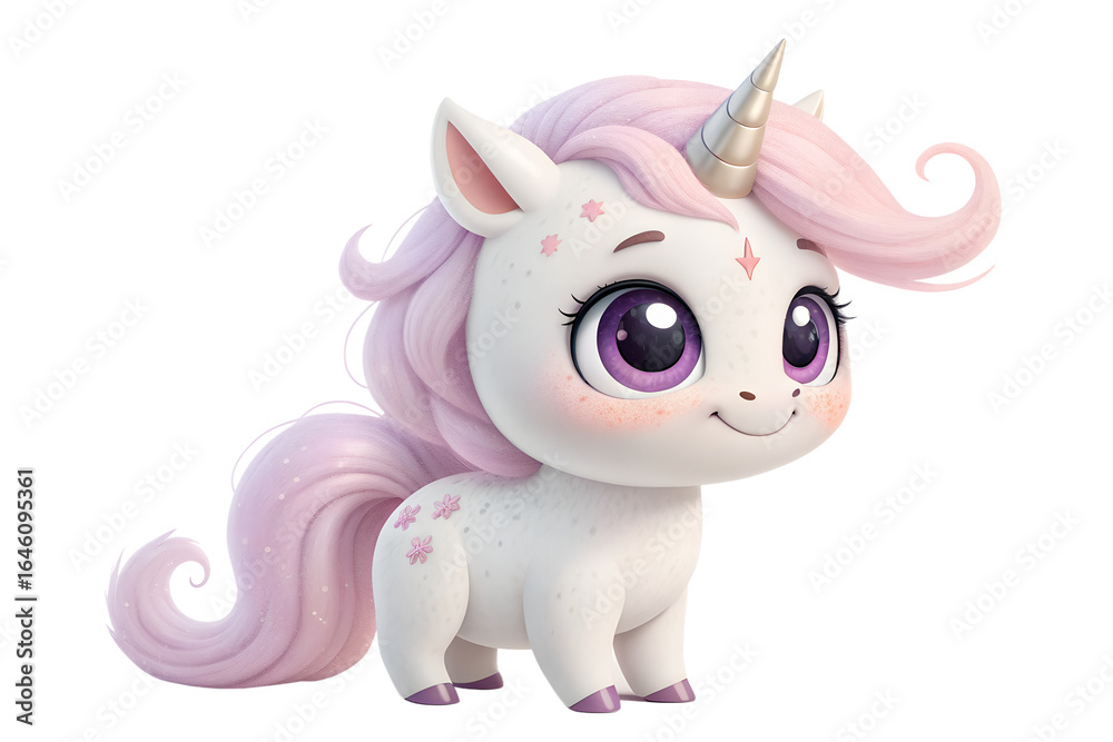 Naklejka premium Adorable cartoon unicorn with pink mane and tail on black background