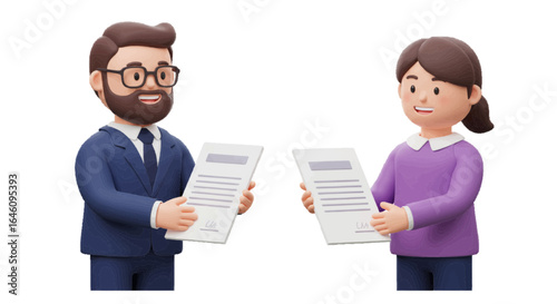 Two 3d business professionals exchanging documents with smiles. 