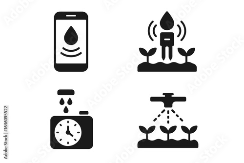 Smart irrigation icons: mobile control, sensor alert, timer, sprinkler system