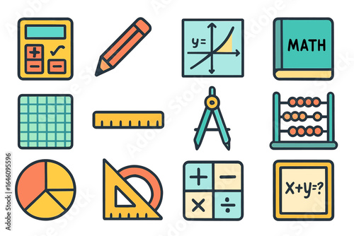Colorful math and geometry icons set featuring calculator, graph, and abacus