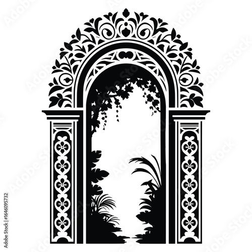 Ornate Black Archway with Tropical Foliage Silhouette and Decorative Border architectural