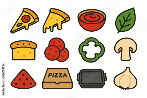 Pizza ingredients icons: slice, cheese, sauce, pepper, mushroom