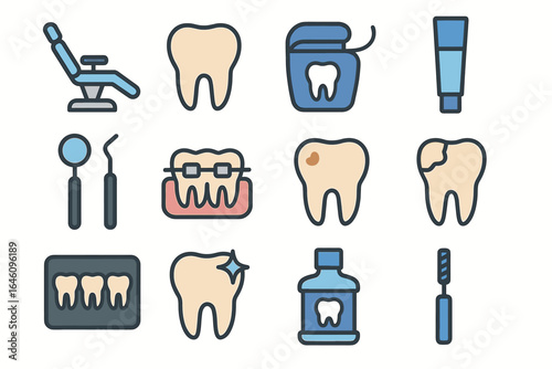 Dental care icons: tools, teeth, oral hygiene, dental chair, toothpaste, mouthwash