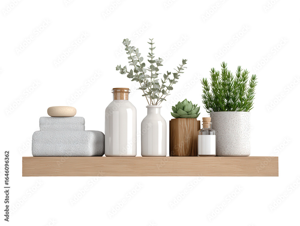 custom made wallpaper toronto digitalWooden shelf with a minimalist spa arrangement of towels ceramic bottles and green plants.