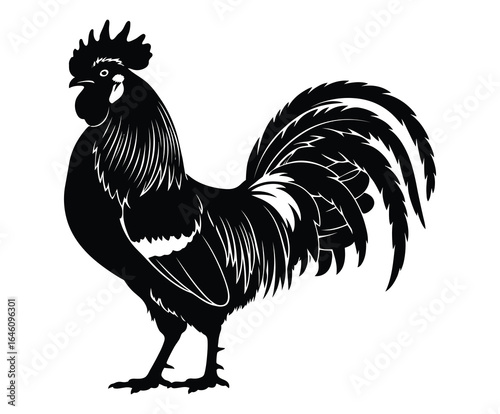 Vector art of a detailed silhouette of a rooster, isolated on white background, captures the essence of rural life and the proud spirit of this iconic farm animal with its strong posture