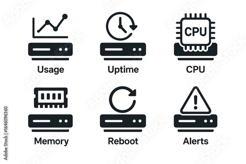 Server management icons: usage, uptime, cpu, memory, reboot, alerts