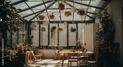 Sunlit conservatory dining room, a tranquil urban jungle with hanging plants under a glass roof.