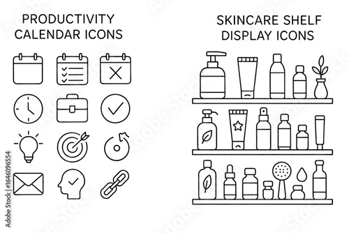 Productivity and skincare shelf display icons in outline style