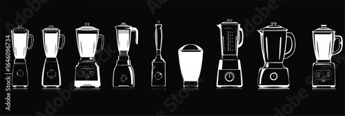 Elegant white outline illustration of diverse blenders perfect for showcasing kitchen appliances and culinary tools in a modern minimalist style on a black background