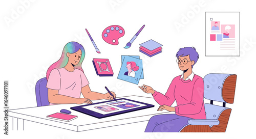 Collaborative digital art creation session with artists using tablet and tools