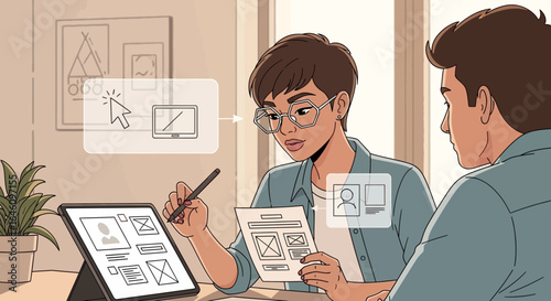 Collaborative User Interface Design Session Illustrating Teamwork and Digital Workflow