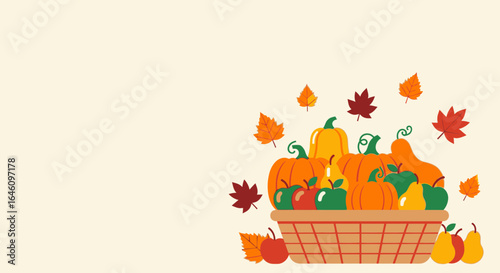 Colorful autumn harvest illustration with pumpkins apples pears and leaves in a basket