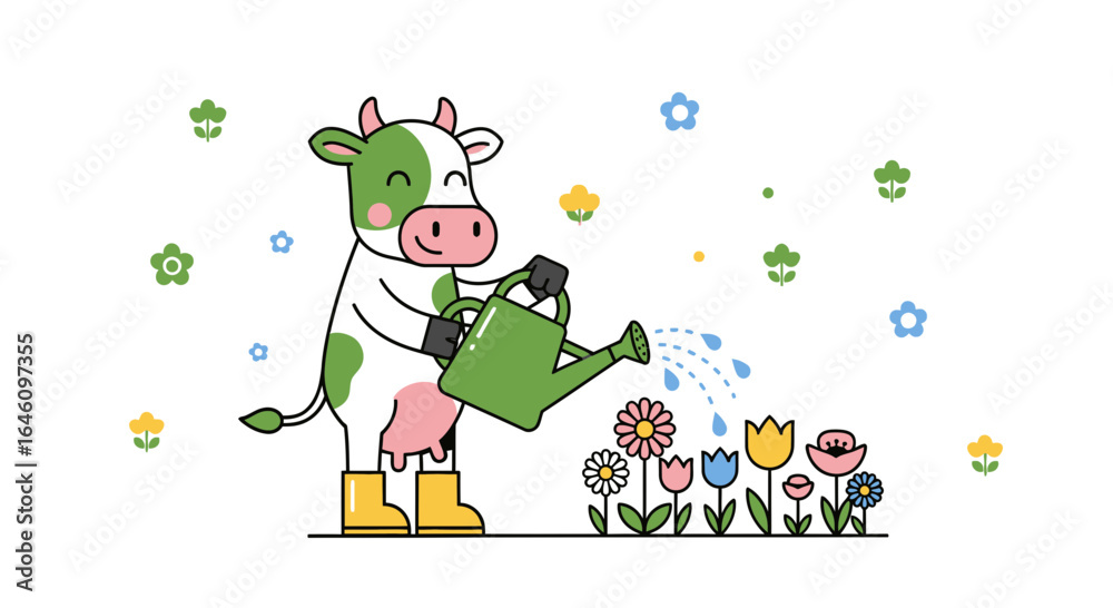 Naklejka premium Cute cow watering flowers in garden illustration, depicting simple joy and nurturing nature, suitable for children books